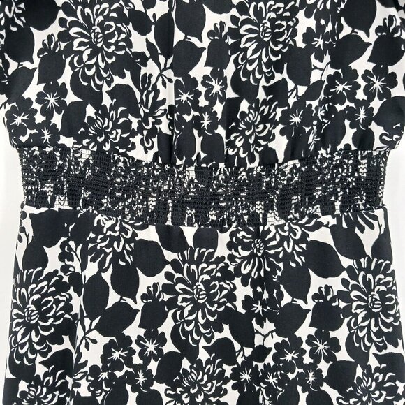 Brooks Brothers Black White Floral Print Dress Smocked Waist Pockets - Picture 4 of 10
